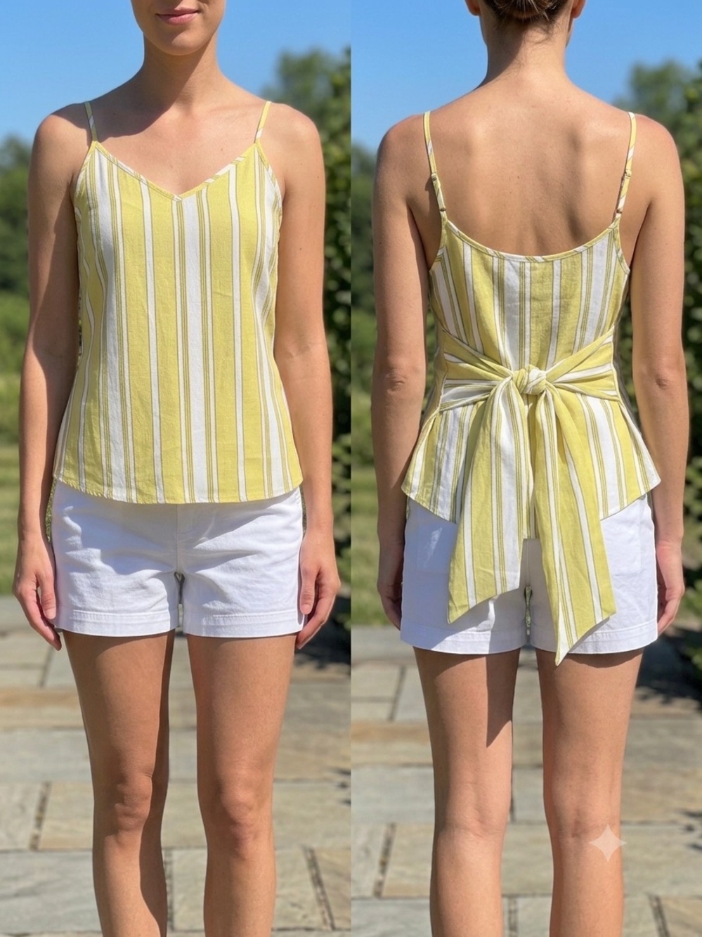 MINE Yellow White Striped Tie Back Camisole Tank Top V-Neck Sun Top Linen Look L